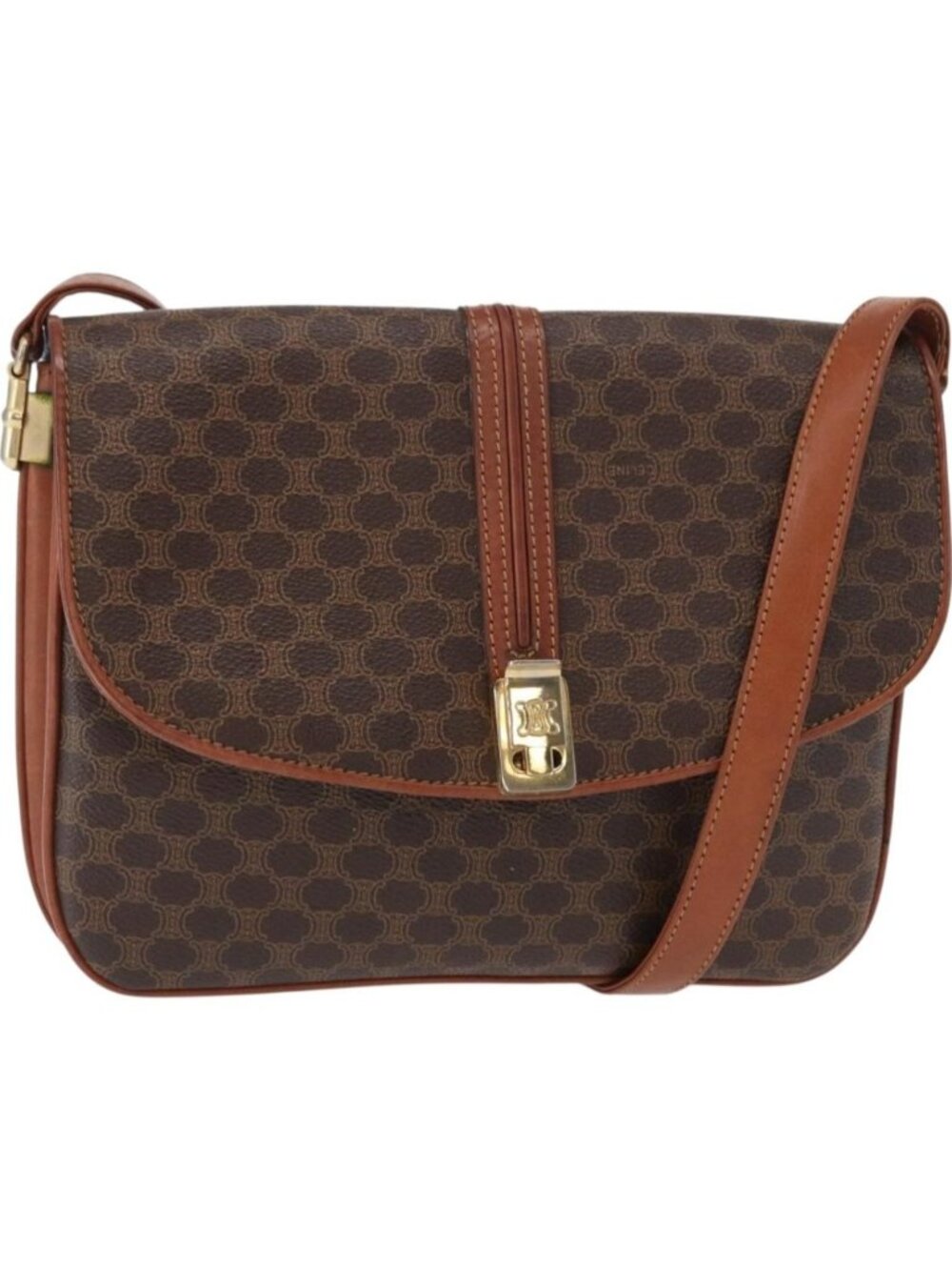 CELINE Macadam Canvas Shoulder Bag PVC Leather Brown Gold